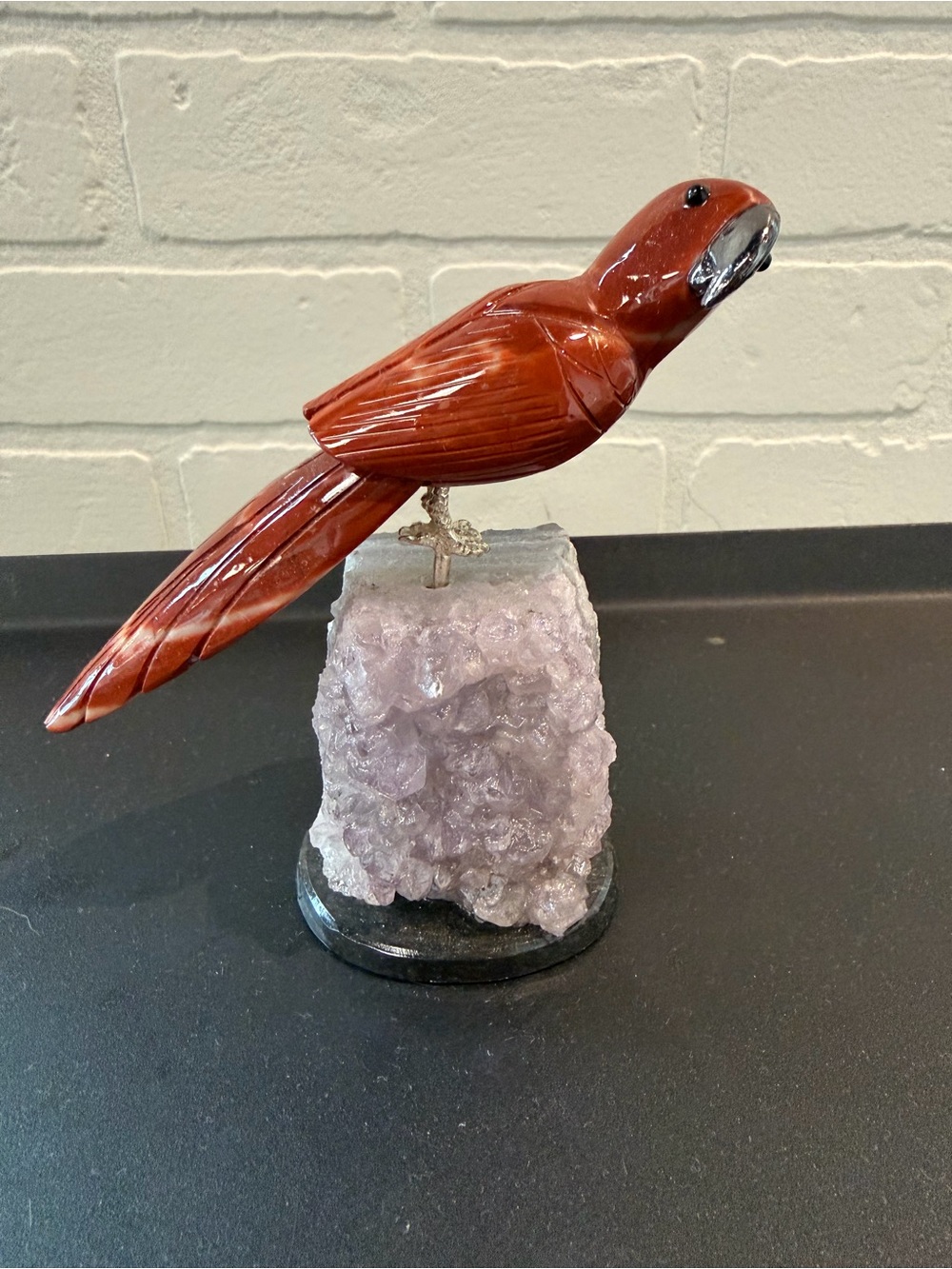 Jasper Decorative Parrot Figurine on Amethyst Base - Bird Decor